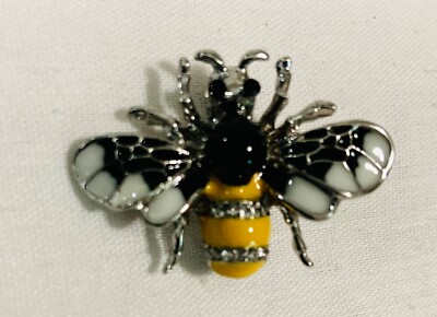 NEW Gold Tone Clear & Black Rhinestones Bee Pin White & Black Enamel Paint