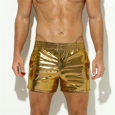 Men Faux Leather Shiny Metallic Swim Boxer Briefs Trunks Shorts Hot Pants