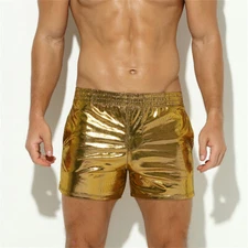 Men Faux Leather Shiny Metallic Swim Boxer Briefs Trunks Shorts Hot Pants
