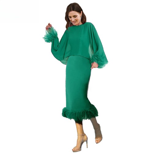 Feather Evening Gowns Chiffon Cloak Long Sleeves Mother of the Bride Dresses - Bild 15 von 17