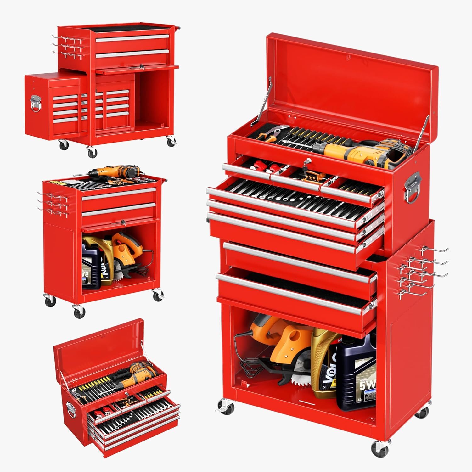INTERGREAT 8-Drawer Tool Chest with Wheels and Detachable Red Metal Top