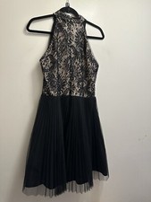 XSCAPE Black Pleated Skirt Dress With Lace Halter Top Evening Cocktail Dress