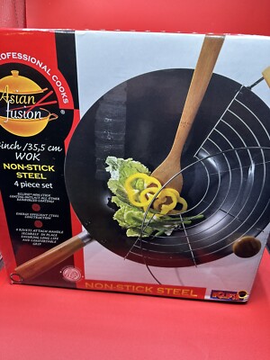 WOK Asian Fusion 14  Wok Non-Stick Steel 4 PC Set Tempura Rack Bamboo Spatula