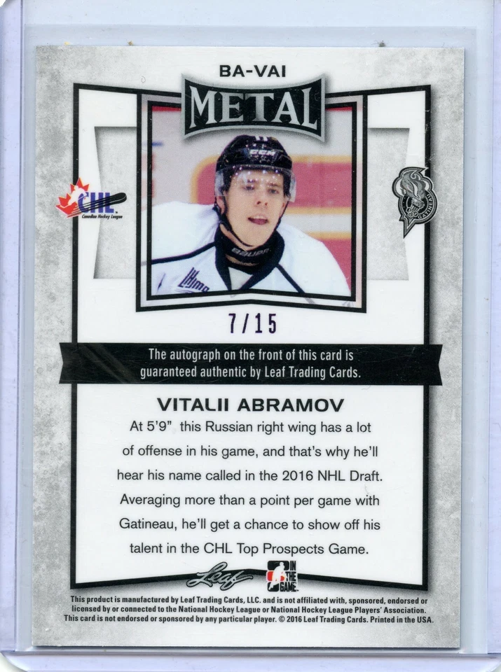 2015-16 Leaf Metal Prismatic Purple #BA-VA1 Vitalii Abramov 7/15 - Image 2 of 2
