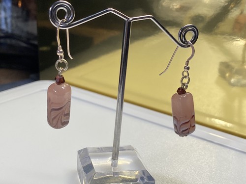 Vintage Sterling Silver 925 Earrings Dangle Drop Pink Beige Crystal - Picture 4 of 8