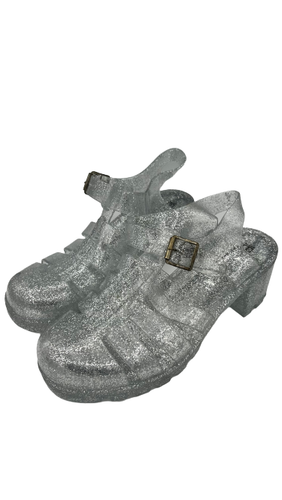 Damen Mädchen Glitzer Sandale Gelee klobiger Absatz Keilabsatz Neu Retro Gladiator Strand - Bild 18 von 24