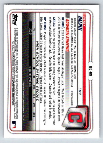 2020 Bowman Chrome Draft #BD69 Petey Halpin (ref 213815) - Picture 2 of 2