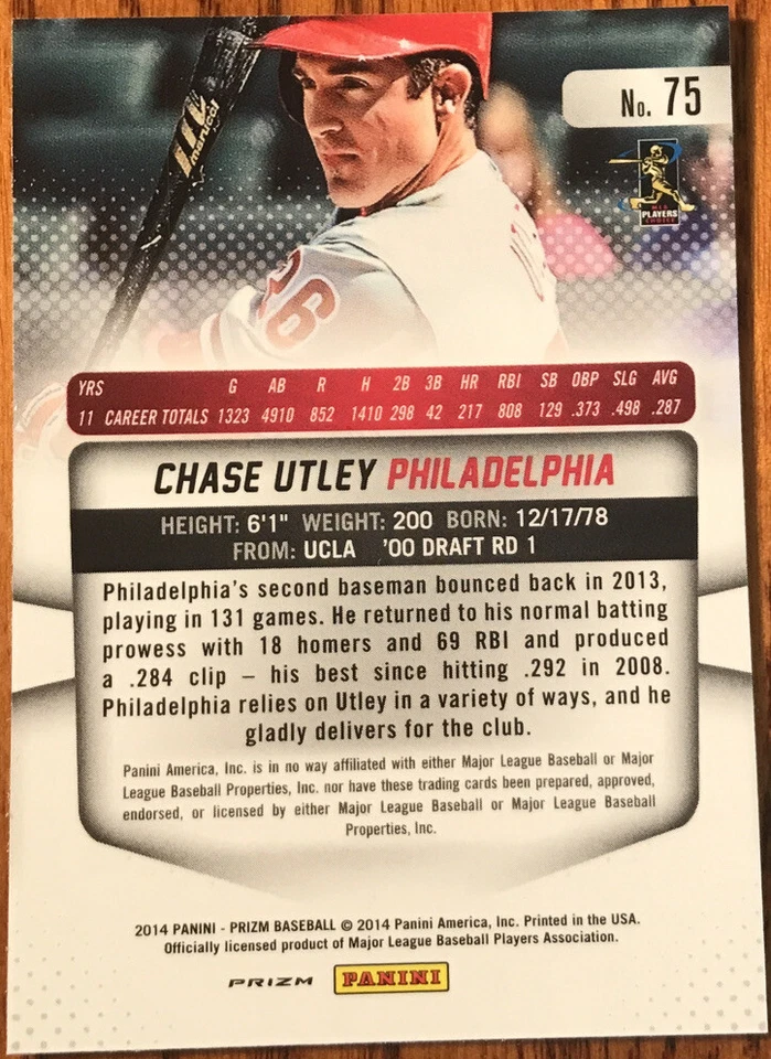 Panini Prizm Prizms 2014 rojo blanco y azul Pulsar Chase Utley #75 Foto 2 de 2