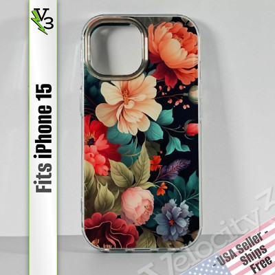 Case for iPhone 15 - Black/Green | Flower Bouquet | Built-In Screen Protector