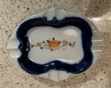 Vintage Ladies Porcelain Ashtray Floral Navy Blue Japan