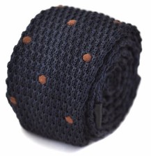 Frederick Thomas Knitted Silk Mens Tie - Dark Navy Blue - Brown Polka Dot Skinny