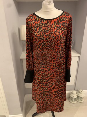 Donna effe red leopard print satin midi shift dress size 10 new