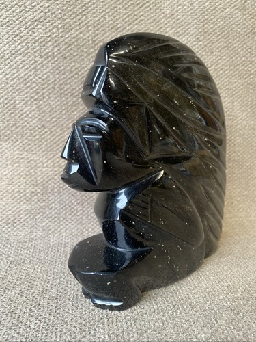 Black Carved Stone Gold Sheen Obsidian Mayan or Aztec Statue Figurine 6” Tall