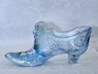 Fenton, Slipper / Shoe, Misty Blue Satin Glass, Rose Pattern, Hand Decorated.