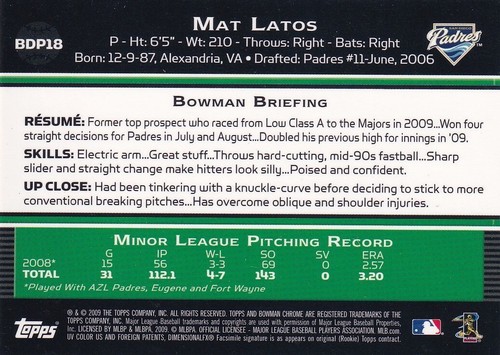 Mat Latos Signed 2009 Bowman Chrome Draft Rookie Card #BDP18 RC Reds Autograph - Picture 4 of 12