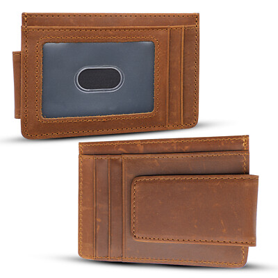 Genuine Leather Money Clip Wallet, Minimalist Mens Wallet, Strong Magnetic Clip 