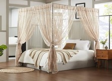 Lace Canopy Bed Curtains Set Queen/King 48"W x 78"L, Pack of 8 Linen