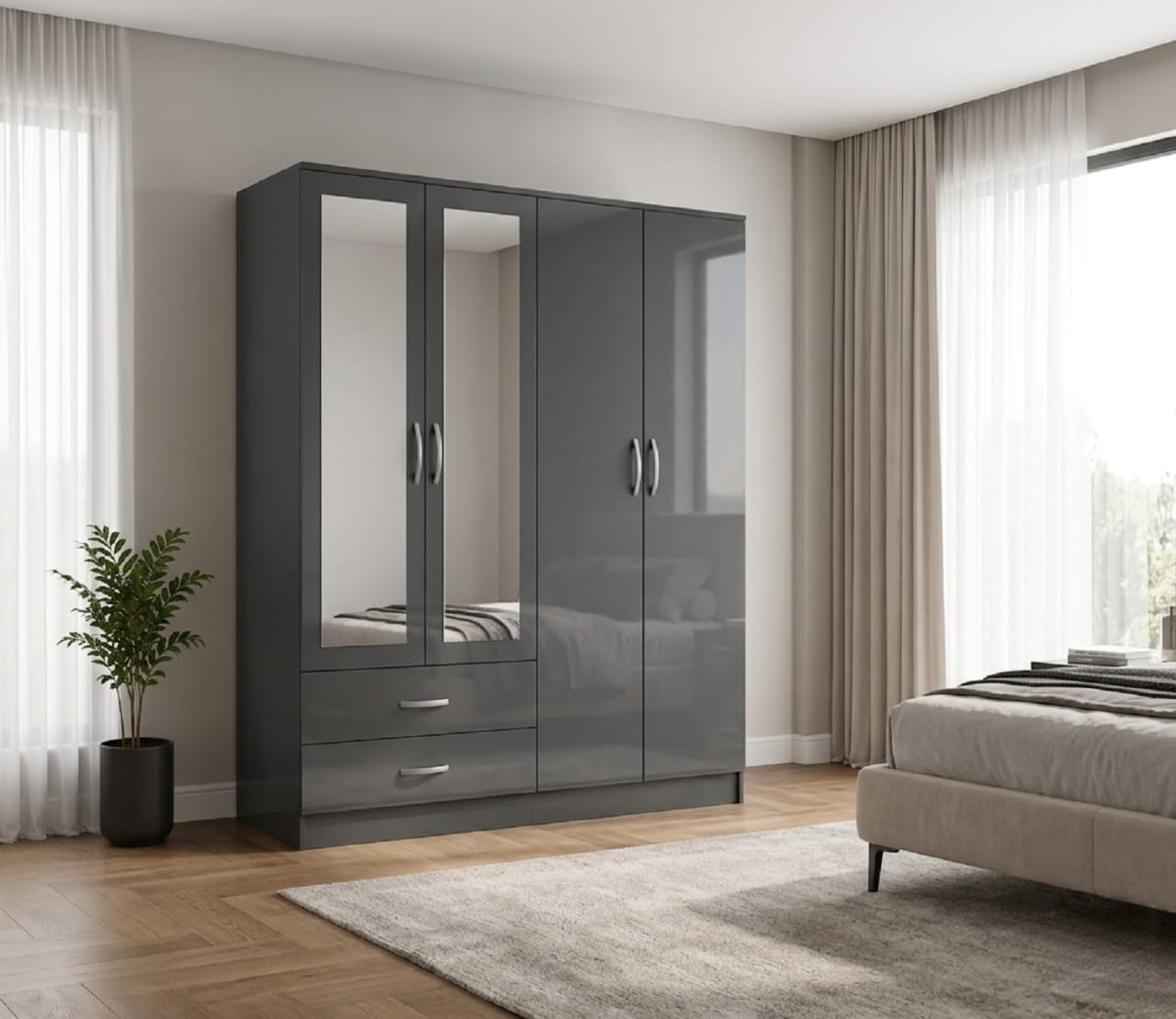 COMFATRA Toronto Double Wardrobe for Bedroom with Sliding Doors Mirror Wardrobe, 2 Door Wardrobe with Large Capacity and Easy Assembly, Space Saving Wardrobe for Bedroom Furniture (Grey, 203 cm) 21 Modern High Gloss Grey Mirrored Wardrobe 4 Door 2 Drawer | Large Bedroom Storage