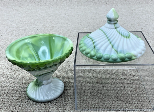 WESTMORLAND GREEN SLAG MARBLED GLASS SWIRL & BALL LIDDED CANDY DISH And VASE SET - Picture 5 of 5