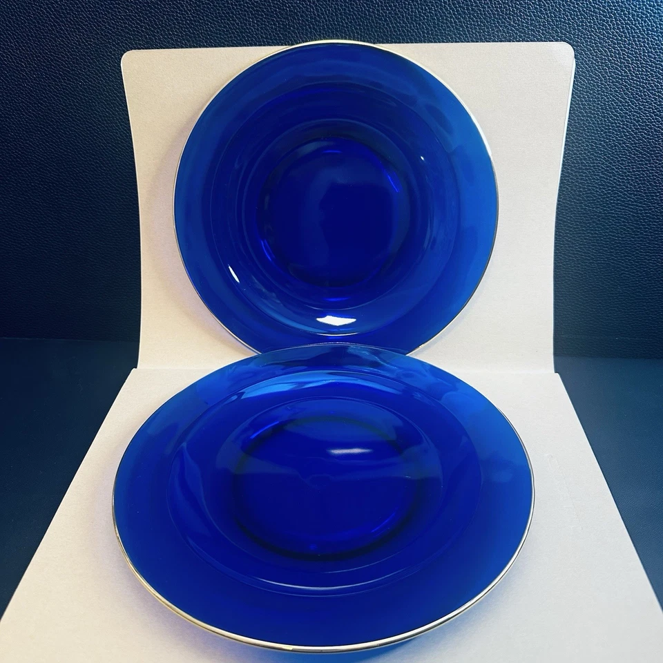 4 Cobalt Blue Glass Salad Plates Gold Rim Plate Set Vintage 8” - Image 3 of 4
