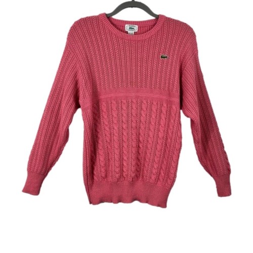 Vintage Izod Lacoste Pink Cable Knit Long Sleeve Sweater 1980s Large