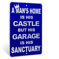 Funny A Mans Garage Is His Sanctuary Metal Sign Car Wall Art Man Cave Room Decor