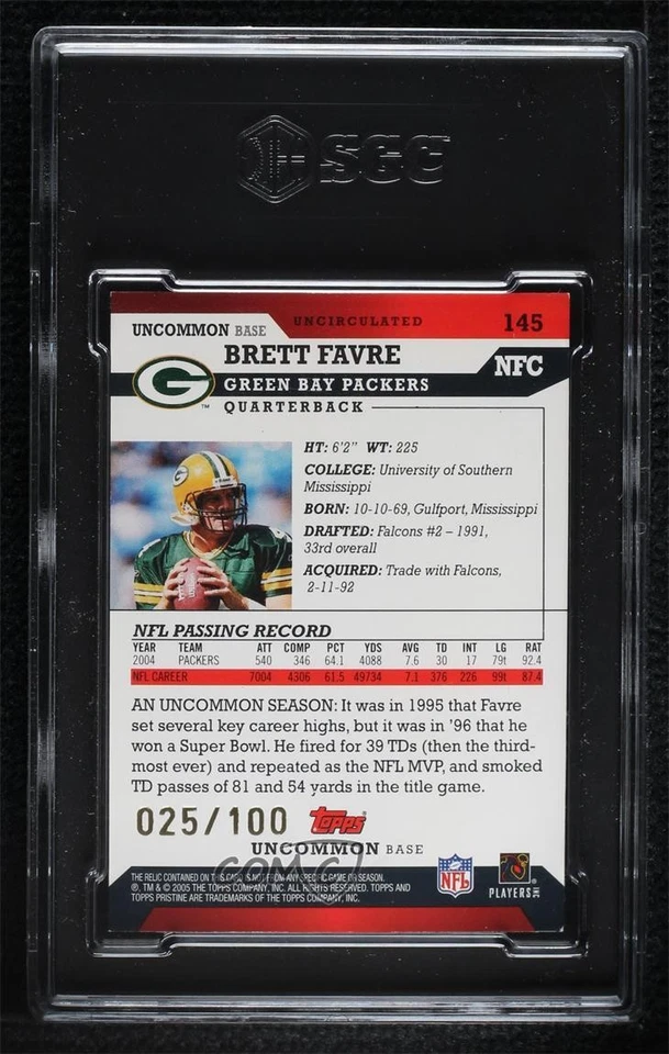 2005 Topps Pristine Uncirculated /100 Brett Favre #145 SGC 8 HOF - Image 2 of 2