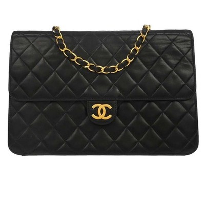 Chanel Black Lambskin Pushlock Medium Half Flap Shoulder Bag