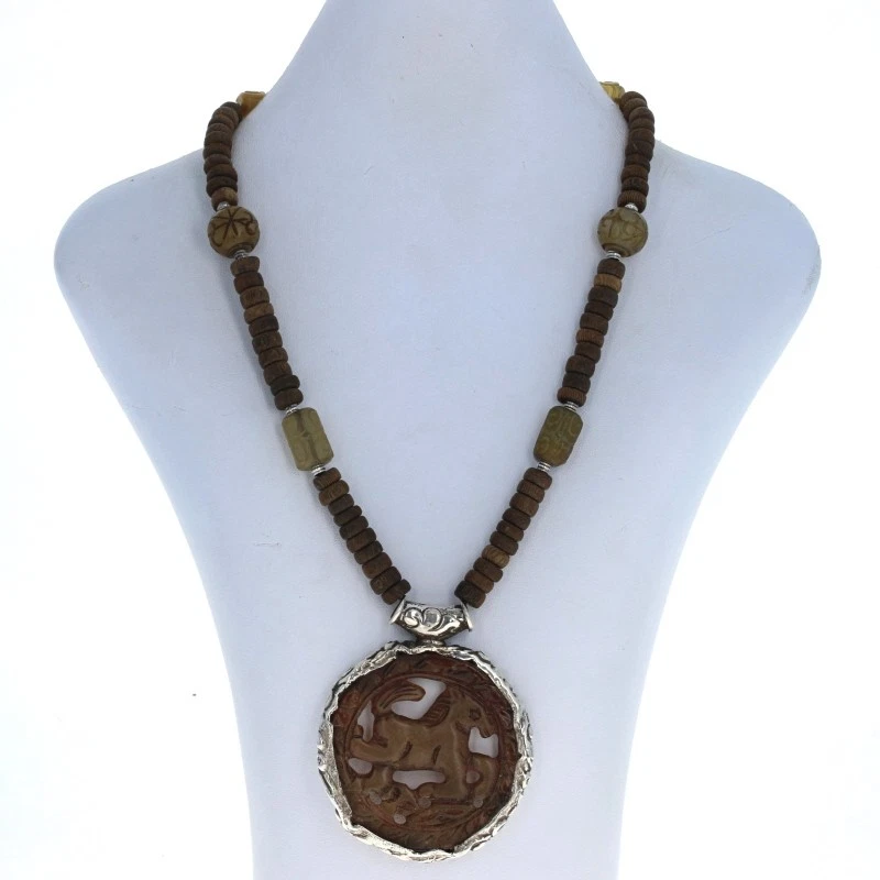 Sterling Serpentine & Wood Horse Medallion Necklace 18 1/2" 925 Beads Equestrian Foto 2 de 4
