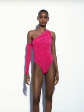 Zara One-Shoulder Ruched Hot Pink asymmetric bodysuit Fushia Organza S Going Out
