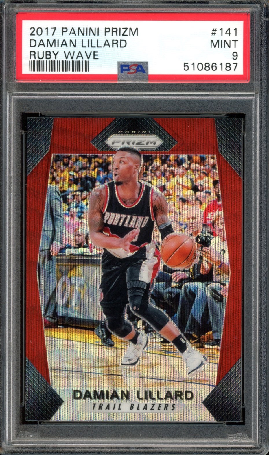 Damian Lillard 2017 Panini Prizm Ruby Red Prizm Wave #141 PSA 9 Mint