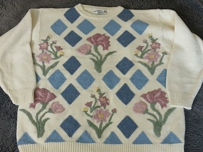  Vintage Alfred Dunner Pullover mit Blumenstickerei XL UK 20 22 Grandmacore 90er