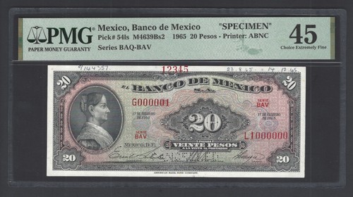 Mexico 20 Pesos 1965 P54ls Specimen Extremely Fine - Zdjęcie 1 z 2