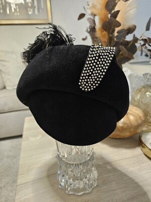 Jack McConnell Black Wool Felt Hat Rhinestones Feathers  display picture 2