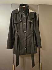 Henleys Smart Lined Black Wool Belted And Hooded Coat Size 10