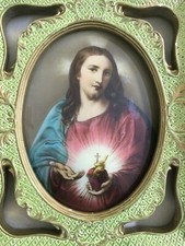 ARTE DEVOZIONALE_CUORE DI GESU'_STAMPA SU VETRO OVALE_CORNICE IN GESSO_D'EPOCA
