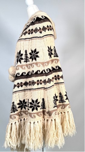 J.Crew Womans Poncho Wool Retro Vintage One Size Off-White Tan Brown Hood - Picture 9 of 12