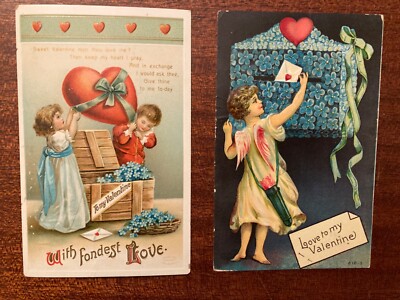 Two Valentines Antique Embossed Forget Me Not Flowers Postcards