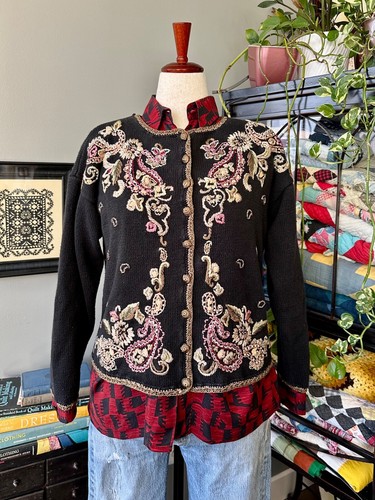Vintage Y2K Black Paisley Metallic Embroidery & Beaded Granny Sweater Size M - Picture 2 of 11