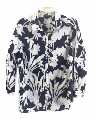 NWOT ROAMANS Womens Navy White Floral Blouse Shirt Top Tunic Plus