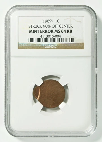 (1969) Lincoln Cent 1¢ Struck 90% Off Center Mint Error - NGC MS 64 RB