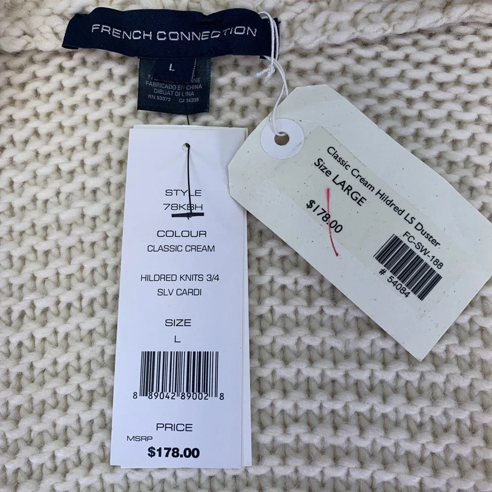 Cárdigan largo crema plumero suéter French Connection Hildred para mujer talla L nuevo Foto 2 de 4