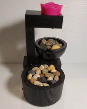 Small Desktop Battery Operated Black Running Water Fountain with Pink Rose