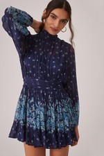 NWT Anthropologie Let Me Be Mock Neck Sheer Mini Dress Blue Floral XXS 170$ New