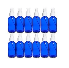 12 NEW 4 oz. Cobalt Blue Boston Round GLASS Spray Bottle WHITE Fine Mist Sprayer