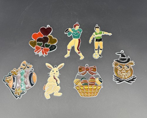 Stained Glass Suncatchers Window Ornaments Sports Easter Halloween Lot Of 7 Vtg