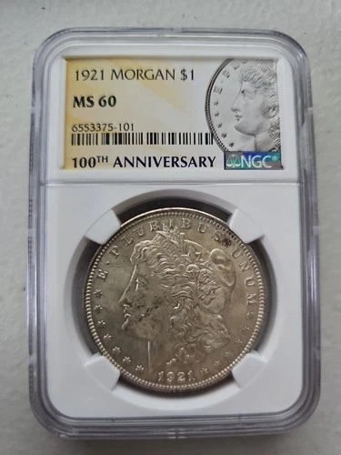 1921 Morgan Silver Dollar NGC MS60 Graded Coin in 100th Anniversary Slab
