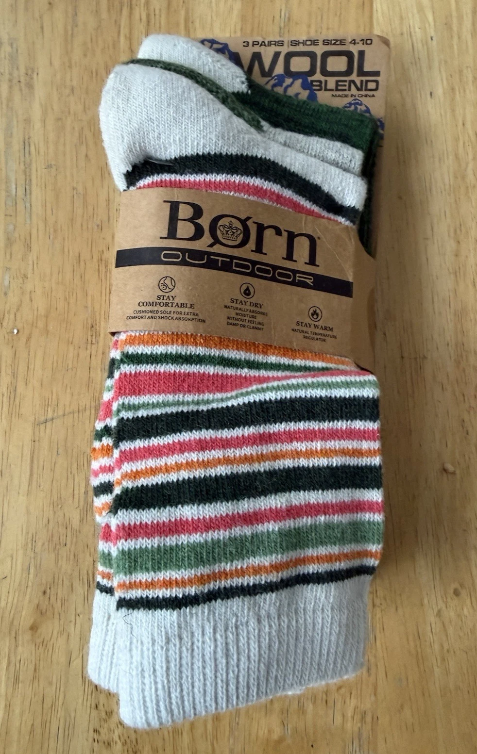 Born Outdoor 3 Pair Unisex Adults Size 4-10 Wool Blend Hiking and Outdoor Socks