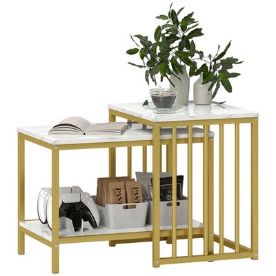 HOMCOM Moderner Couchtisch 2er Set mit Stahlgestell Marmoroptik Goldfarben