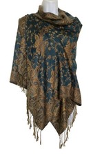 Pashmina Shawl Wrap Turquoise Multicolor 28 x72 with Fringes Pashmina/Silk NWOT